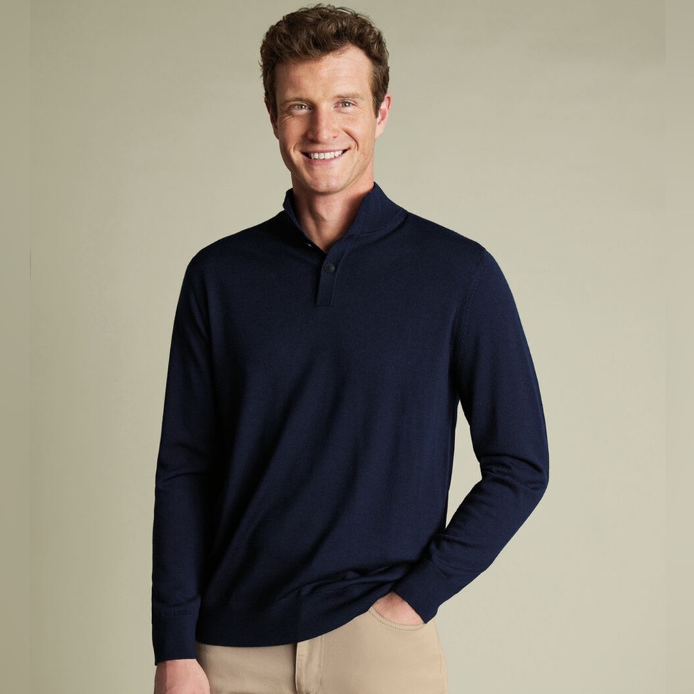 Charles Tyrwhitt | 100% Wool |Navy Long Sleeve Button Neck Sweater | Large